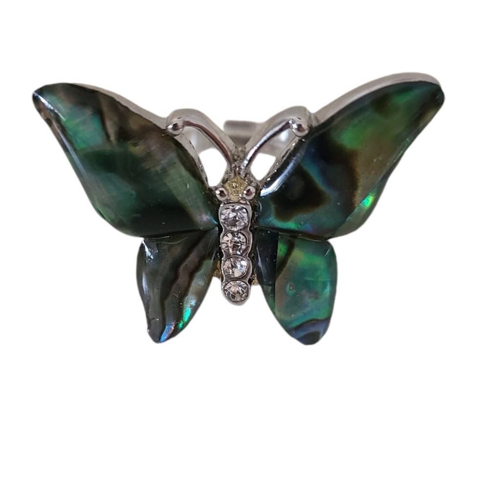 vintage iridescent abalone & crystal butterfly statement ring size 6.5